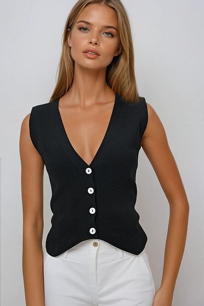VAGGON Women's Black V-Neck Buttoned Summer Knitwear Vest