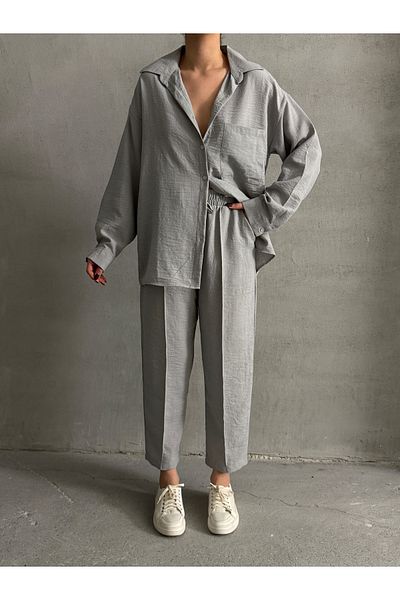 BEJNA Graues Oversize-Leinenhemd-Hose-Unterteil-Top-Set für Damen