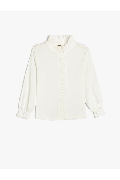 Koton Ruffle Detailed Stand Collar Long Sleeve Button up Blouse