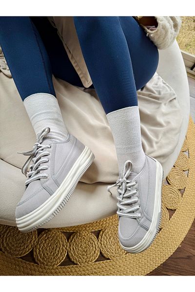 İnan Ayakkabı Women's Gray Linen Sneakers (Sole 4 cm)