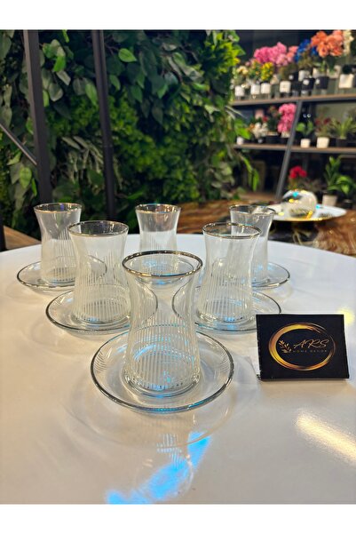 ARS HOME DEKOR Paşabahçe Heybeli Gümüş Gerçek Yaldızlı Çizgili 6 kişilik 12 P...