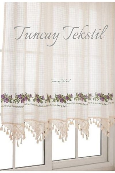 TUNCAY TEKSTİL Purple Cross Stitched Buldan Work Cross Stitch Hand Lace Canvas Linen Curtain