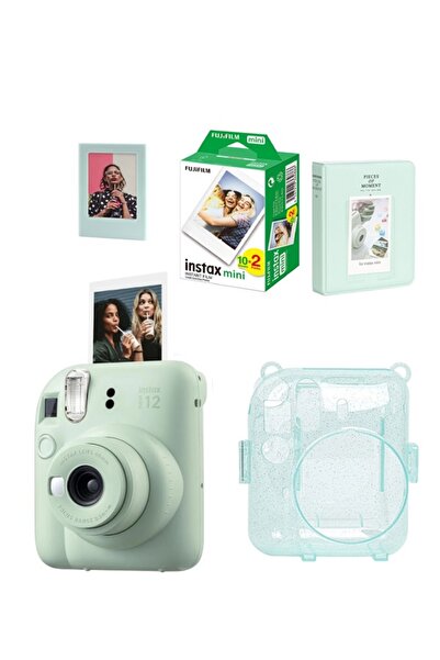 Fujifilm Instax Mini 12 Yeşil Fotoğraf Makinesi Simli Pleksi Kılıf Pvc Albüm 20'li Film Ve Çerçeveli Hediye S