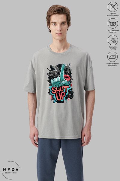 Nyda Collections Unisex Crew Neck Shut Up εμπριμέ βαμβακερό μπλουζάκι με κοντό μανίκι