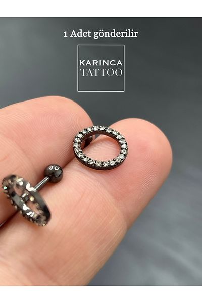 Karınca Piercing Black Circle Stone Helix Flat Piercing Ear Earring
