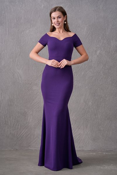 bayansepeti Plum Crepe Fabric Sweetheart Neckline Off the Shoulder Detail Sweep Train Design Maxi Dress 582988