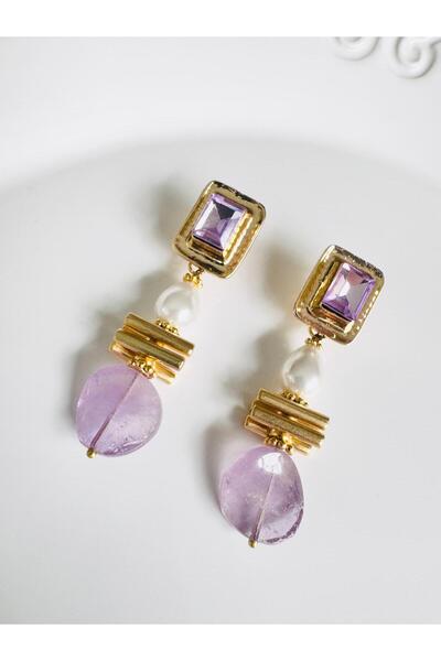 DEVİ fashion Lila Doğal Taş Mayorka İnci Küpe 6 cm