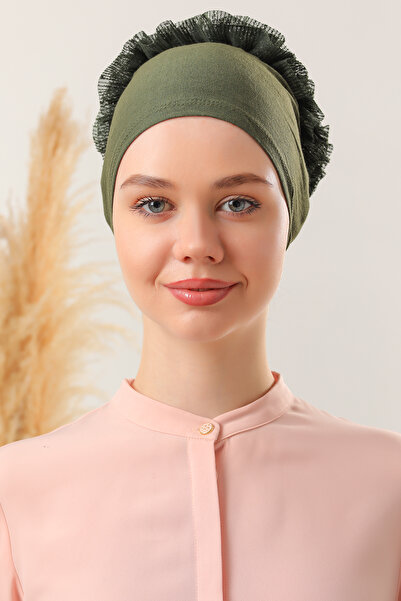 Melodi Scarf Hijab Set of 3 - Khaki Bonnet with Ruffles, Stitching and Lace Bun