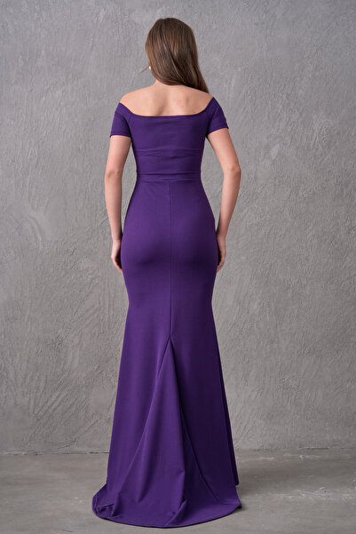 bayansepeti Plum Crepe Fabric Sweetheart Neckline Off the Shoulder Detail Sweep Train Design Maxi Dress 582988