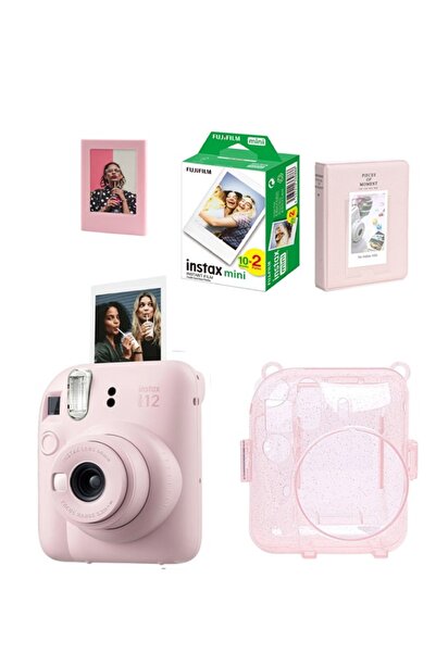 Fujifilm Instax Mini 12 Pembe Fotoğraf Makinesi Simli Pleksi Kılıf Pvc Albüm 20'li Film Ve Çerçeveli