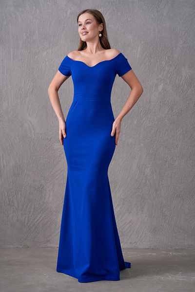 bayansepeti Saks Blue Crepe Fabric Sweetheart Neckline Off the Shoulder Detail Sweep Train Design Maxi Dress 582988