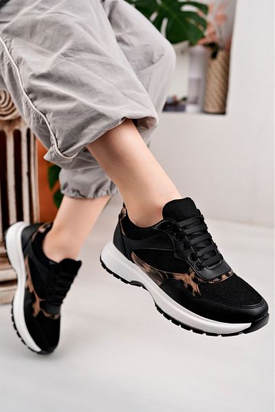 moda sara Black Leopard Top Glitter Women's Sports Shoes