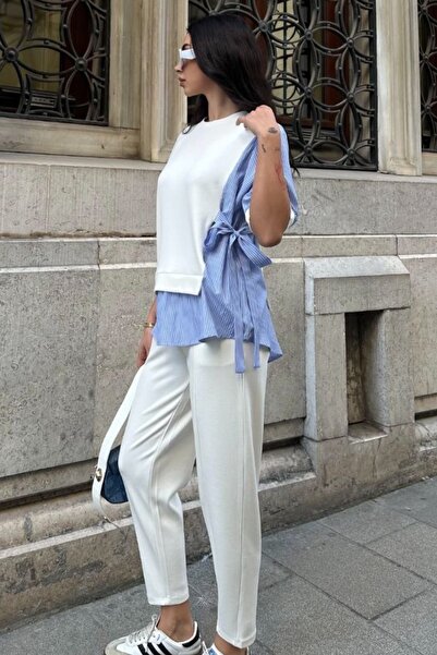 Ded COLLECTION Γυναικείο κοντομάνικο σετ Modal με λεπτομέρεια πουκάμισου δεμένο, τοπ και παντελόνι