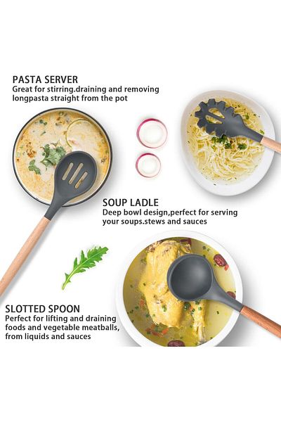 AWH ICVKRJ 12 Pcs Silicone Cooking Utensils Set, Heat Resistant, Wooden Handles, Nonstick Cookware
