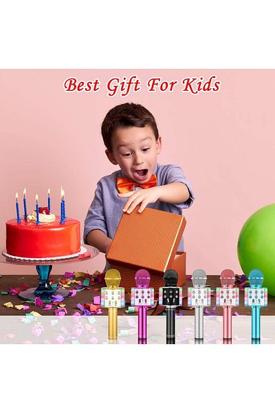 AWH ميكروفون كاريوكي للأطفال، ميكروفون لاسلكي 5 في 1 مزود بإضاءة LED للحفلات (وردي)