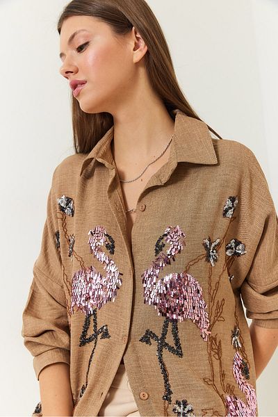 Bianco Lucci Women's Flamingo Sequin Embroidered Sofia Linen Shirt60181012