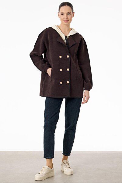 Tığ Triko Çift Yaka Detaylı Triko Kaban KAHVE