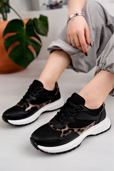 moda sara Black Leopard Top Glitter Women's Sports Shoes