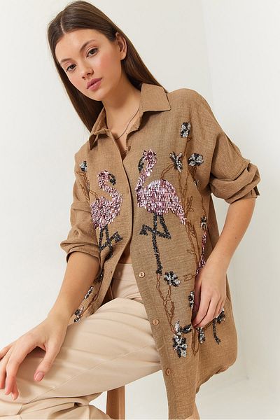 Bianco Lucci Women's Flamingo Sequin Embroidered Sofia Linen Shirt60181012