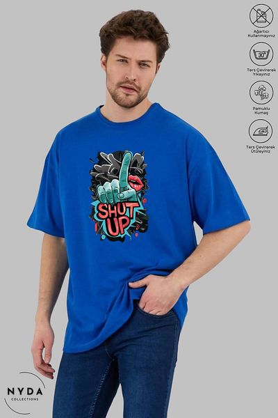Nyda Collections Унисекс тениска с къс ръкав и окъпано деколте с щампа "Shutt Up"