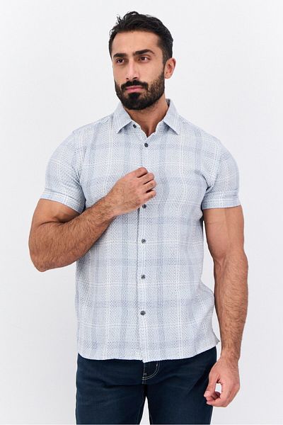 French Connection Men Regular Fit Microgrid Short Sleeves Casual Shirt, Blue