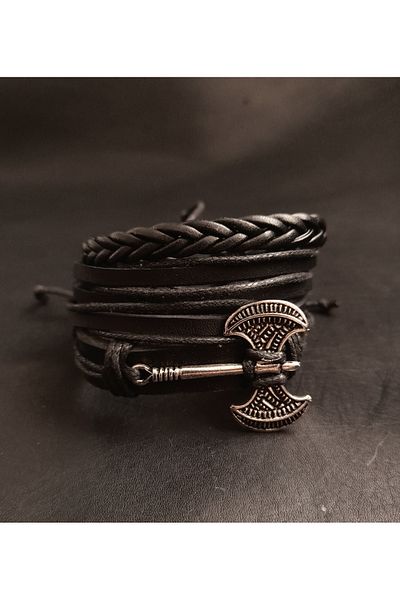 BSN Store سوار من الجلد الحقيقي مكون من 3 قطع على شكل فأس مزدوج من SKANDINAV VIKING