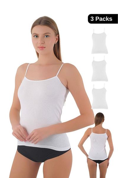 CENNETOĞLU Women's White 3 Pieces Rope Strap Tank Top 100% Cotton Special Packaged Package