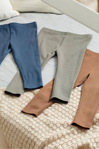 Tchibo Toddlers Girl 3 Pieces Ribbed Leggings, Indigo/Brown/Sage