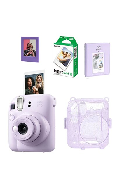 Fujifilm Instax Mini 12 Lila Fotoğraf Makinesi Simli Pleksi Kılıf Pvc Albüm 10'lu Film Ve Çerçeveli