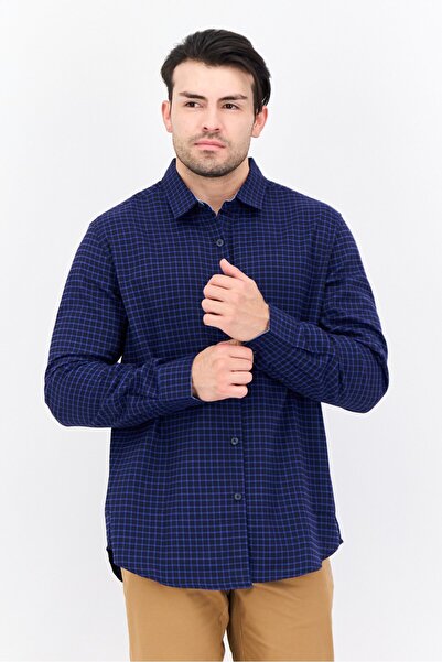 THOMAS قميص رجالي كاجوال منقوش بأكمام طويلة وقصّة عادية، أزرق داكن