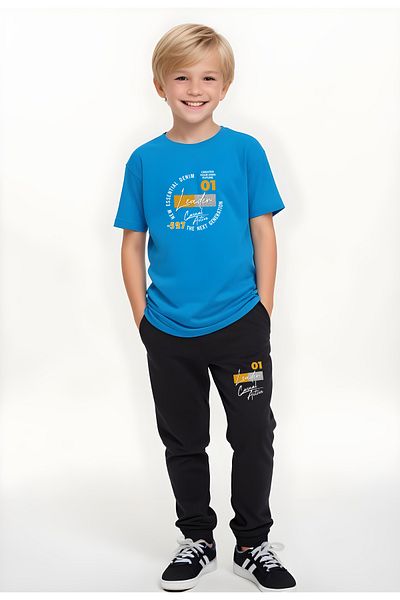 FYK COLLECTİON Set de sus și de jos cu mânecă scurtă pentru băiat cu imprimeu Active Leader