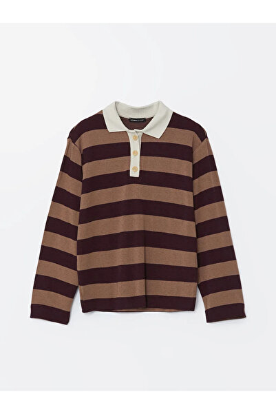 LC Waikiki Γυναικείο μπλουζάκι LCWAIKIKI Classic Polo Collar Claret Red ριγέ