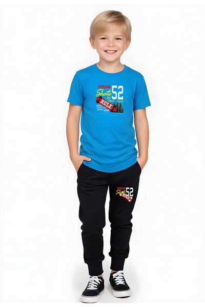 FYK COLLECTİON Set de sus și de jos cu mânecă scurtă pentru băiat cu imprimeu Skate Rule