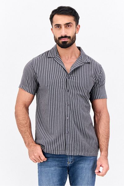Algspar Men Regular Fit Stripe Short Sleeves Casual Shirt, Grey