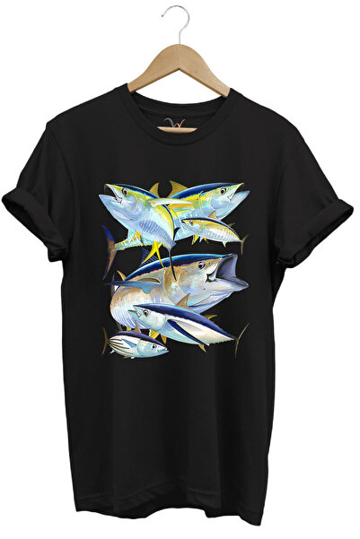 WİDİ Μαύρο μπλουζάκι με μοτίβο ψαριού με στάμπα από 100% βαμβάκι με κανονική ...