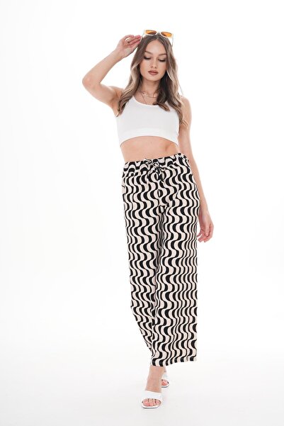 ŞİMAL Women's Ribbon Pattern Wide Leg Trousers 250026   -