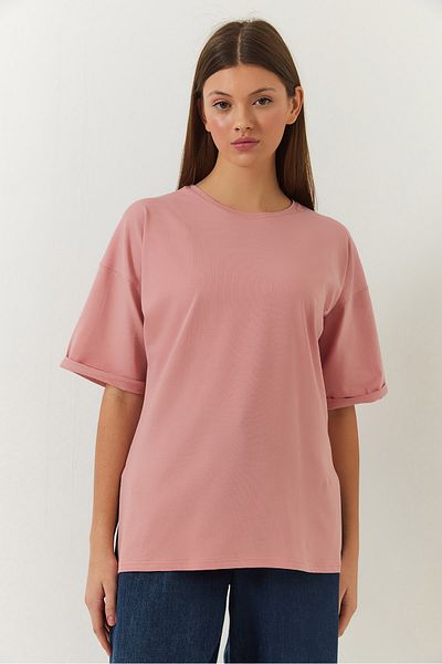 Bianco Lucci Crew Neck Women's T-Shirt with Slit Sleeve Detail - Short Sleeve Basic Model60251203