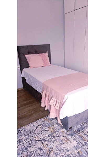 Homerz Yatak Runner & Tek Kişilik Fırfırlı Tüllü Pudra Pembe 60 x 170 1 Adet Yastık 50 x 70