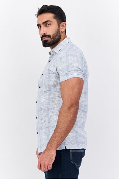 French Connection Men Regular Fit Microgrid Short Sleeves Casual Shirt, Blue
