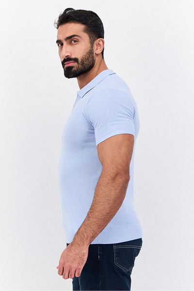 French Connection Men Regular Fit Short Sleeve Solid Knit Polo Shirts, Light Blue