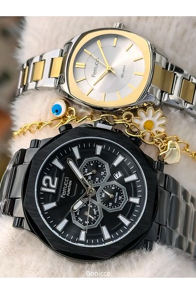 Ferrucci Dear Steel Cord Silvery-Yellow Couple Wrist Watch Bracelet