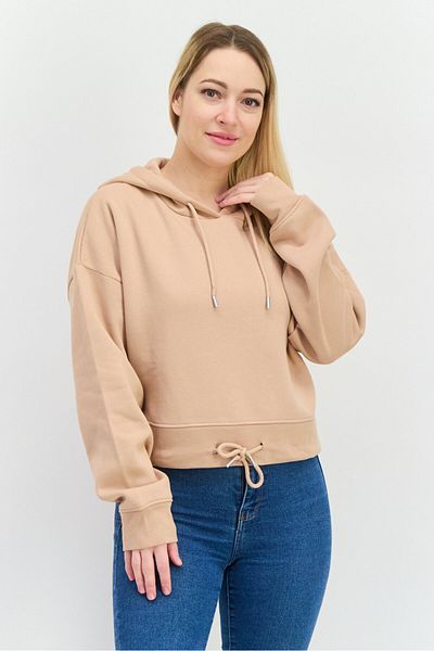 Juice Women Hooded Plain Long Sleeve Hooded Sweatshirt, Beige