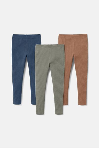 Tchibo Toddlers Girl 3 Pieces Ribbed Leggings, Indigo/Brown/Sage