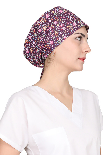 GTB BUTİK Mor Mini Çiçek Desenli Hemşire Bonesi Unisex Cerrahi Bone