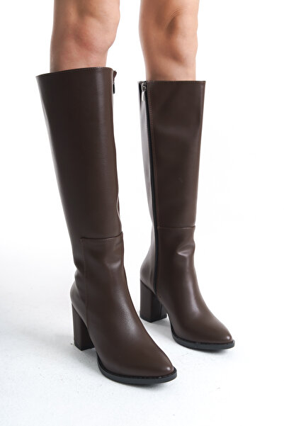 Limeo Női barna sarkú bőrhatású cipzáras hosszú csizma kővel