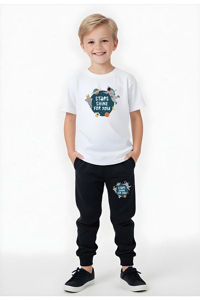 FYK COLLECTİON Astronaut Stars Printed Boy's Short Sleeve Bottom-Top Suit