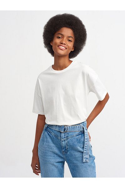 Dilvin Crew Neck Ecru Basic T-Shirt