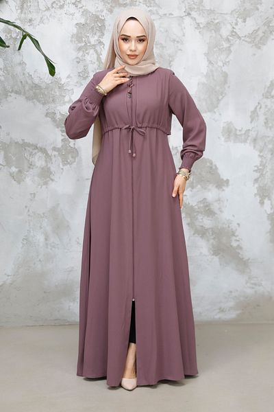 Neva Style Dusty Rose Zippered Hijab Abaya - 81291Gk