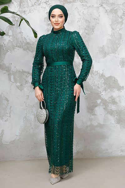 Neva Style Beaded Emerald Green Hijab Evening Dress 4891Zy