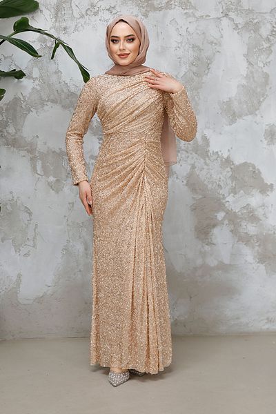 Neva Style Hijab Evening Dress - Beaded Biscuit Hijab Evening Dress 50341Bs